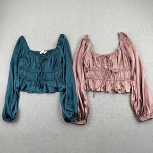 Lot of 2 All in Favor Satin Tops Womens S Pink Teal Tiered Silky Preppy Coquette
